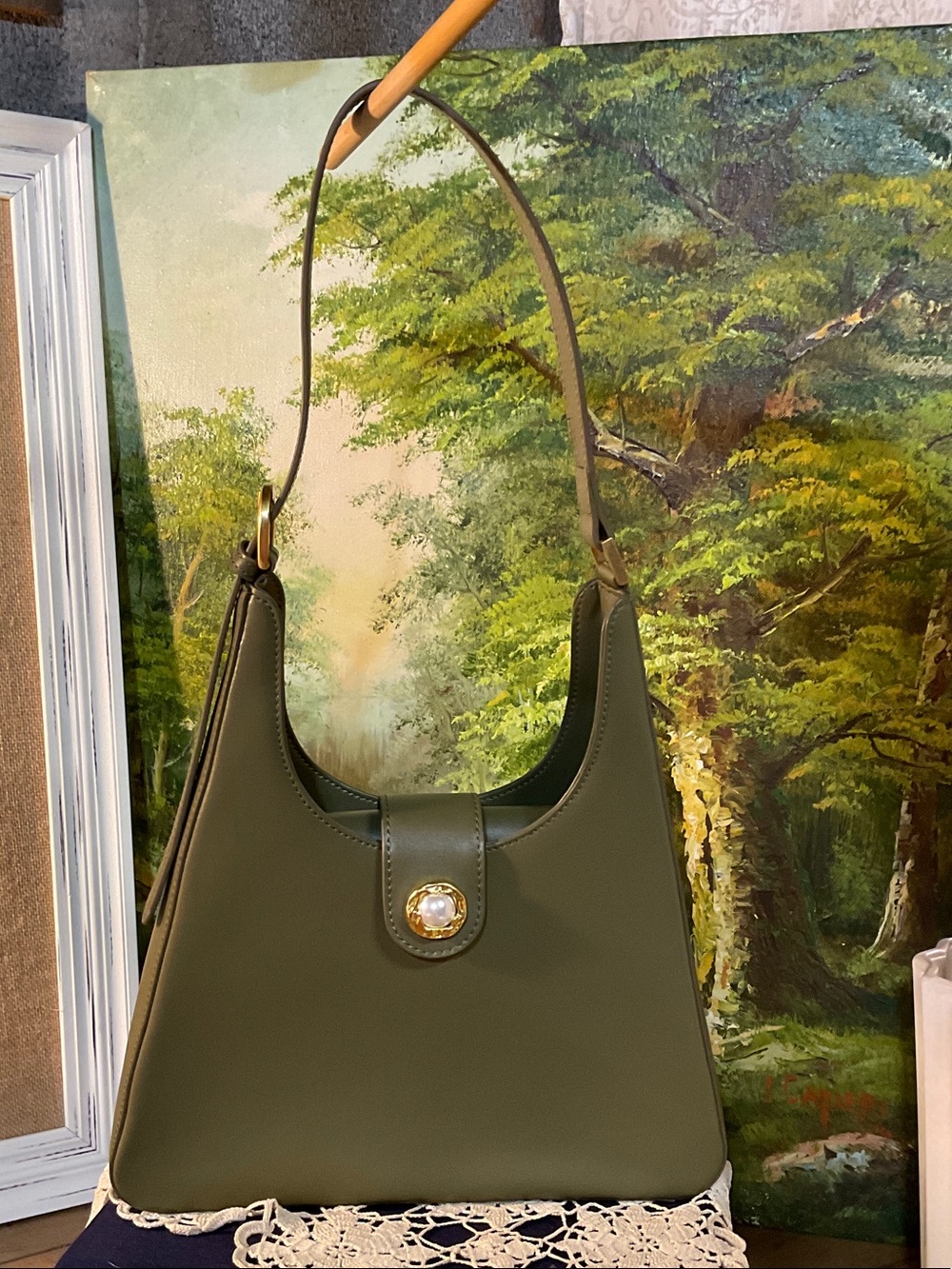 Olive Green Shoulder Bag with Gold Accent